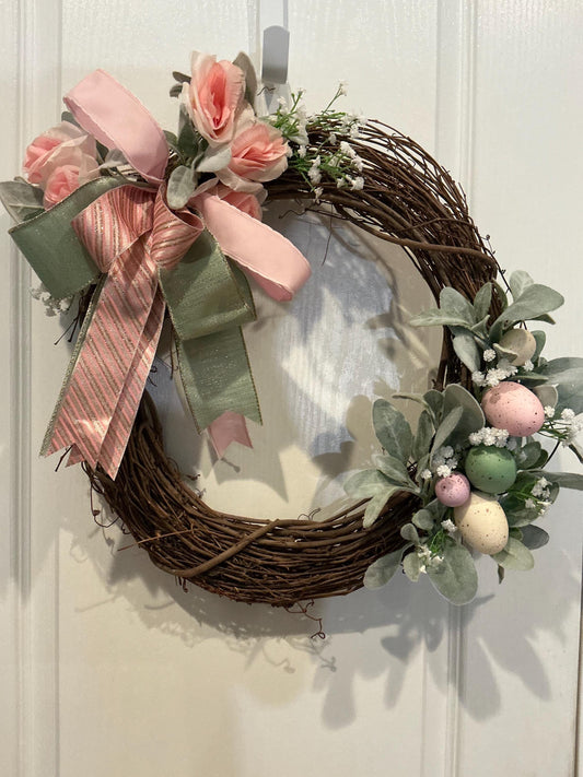 Grapevine Easter Wreath, Lambs Nest, Speckled Eggs, Pastel Roses, Spring Farmhouse Door Decor