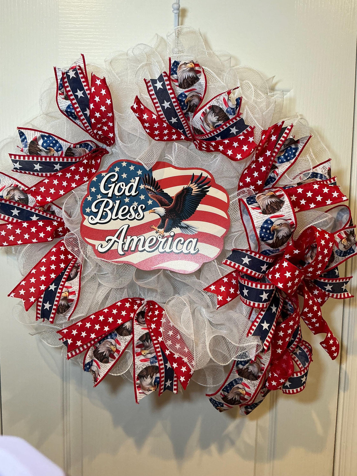 God Bless America Wreath, Fourth of July Front Door Decor, Bald Eagle Sign, Red White Blue Memorial Day Americana Wreath