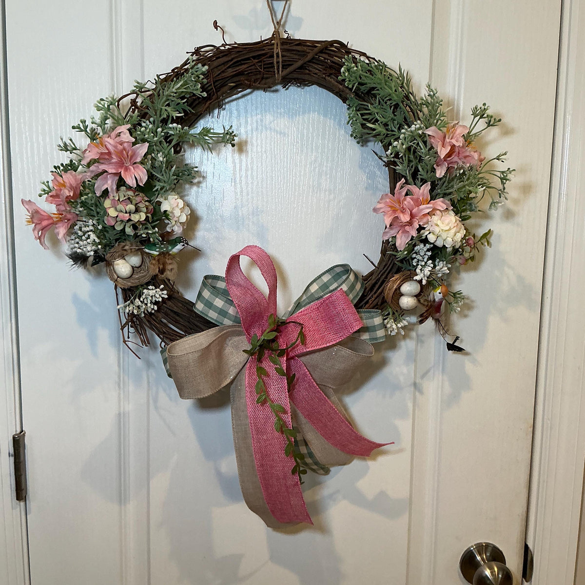 Hummingbird Grapevine Wreath with Bird Nest, Eggs, Pink Daisies and Hydrangea