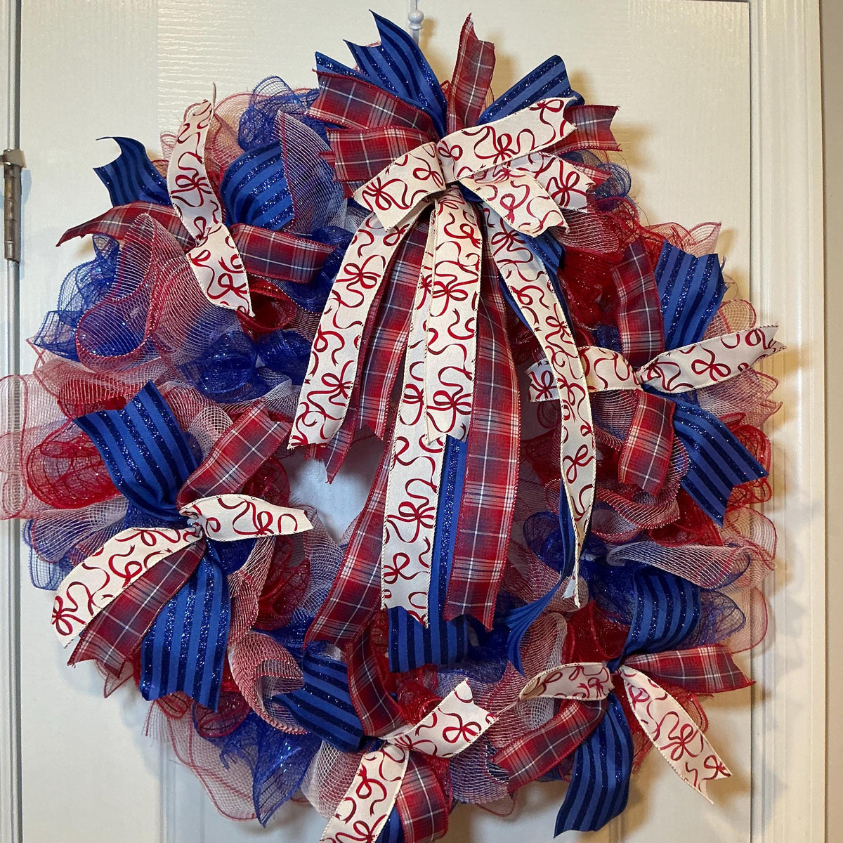 Red White Blue USA Wreath, Deco Mesh Fourth of July Front Door Decor, Americana Ribbon Bow