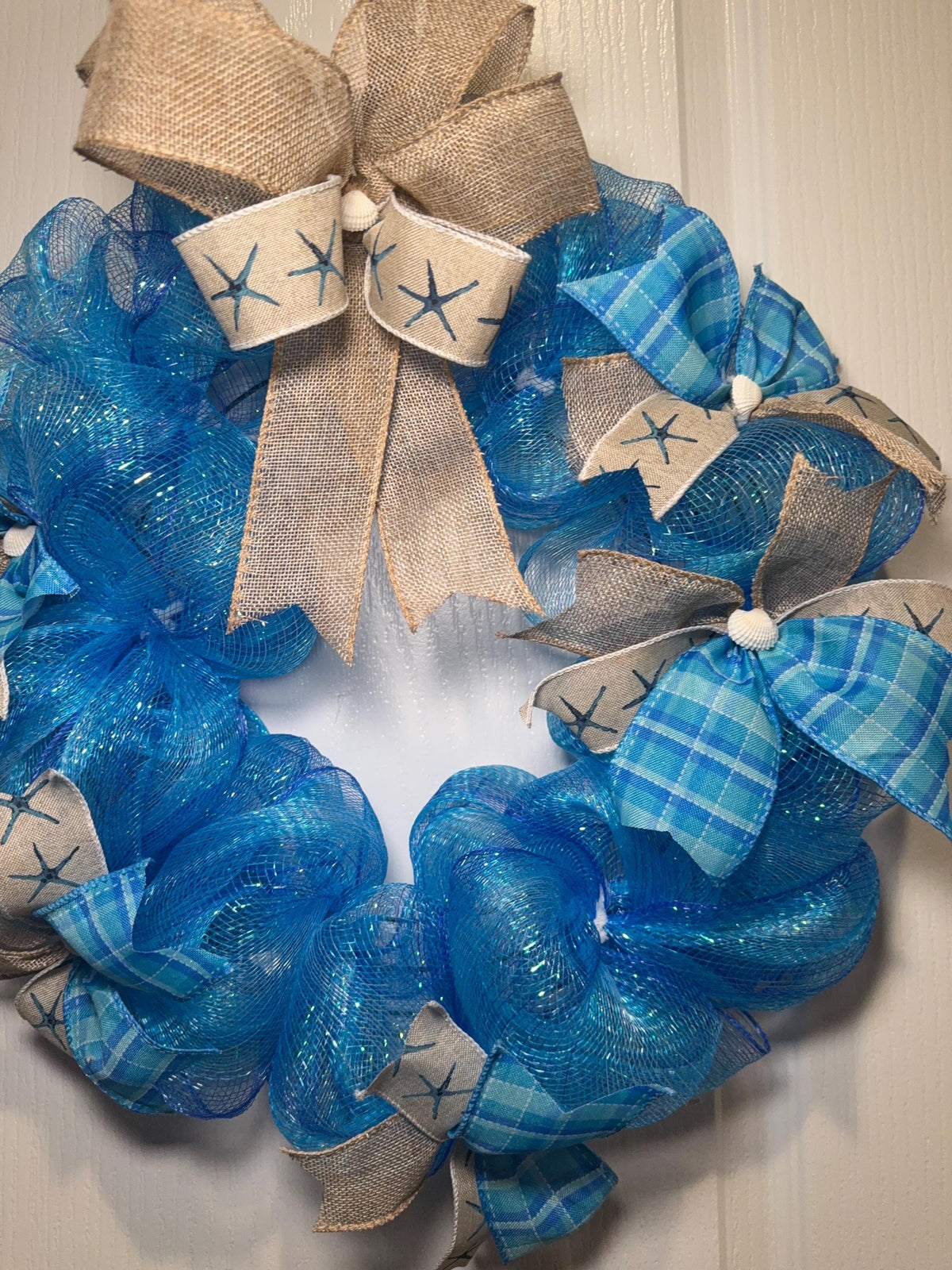 Blue Plaid Burlap Coastal Wreath, Starfish Beach Decor, Nautical Door Accent