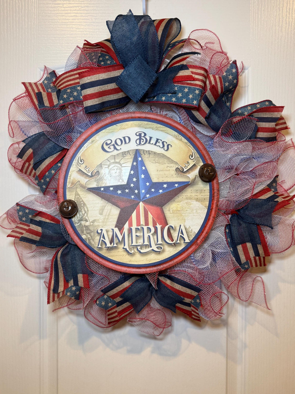 Star Sign deco mesh Wreath, God Bless America Fourth of July Red White Blue, 14 Inch Independence Day Handmade NC