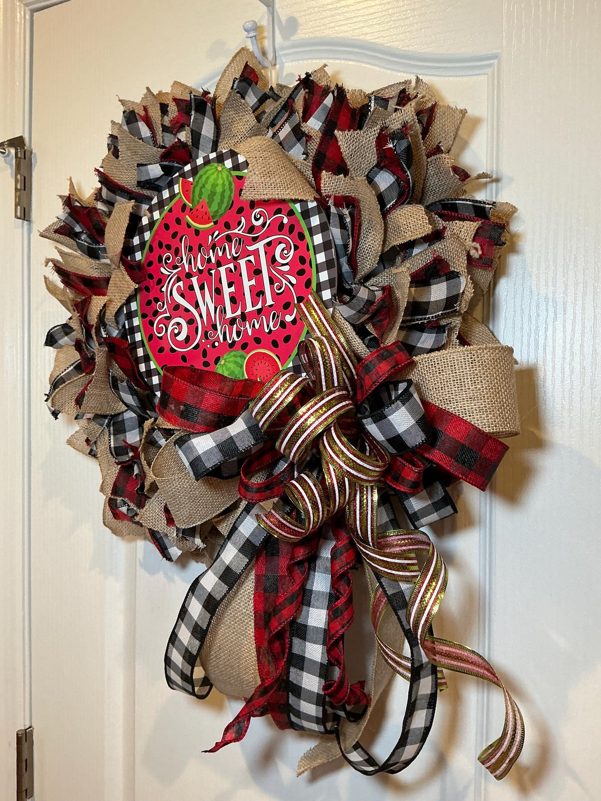 Home Sweet Home Watermelon Wreath with Burlap Buffalo Check, Summer Front Door Decor