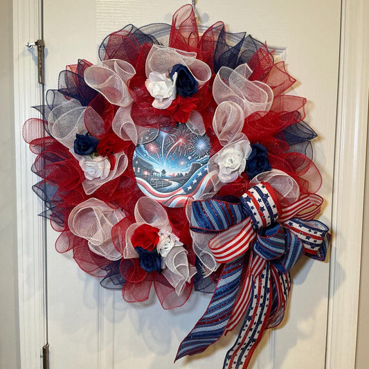 Fireworks Night Sky Sign Wreath, Americana Red White Blue Stars Stripes, 18 Inch Independence Day