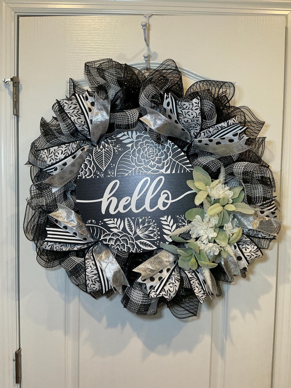 Black and White Hello Wreath with Silver Accents, Farmhouse Front Door Decor