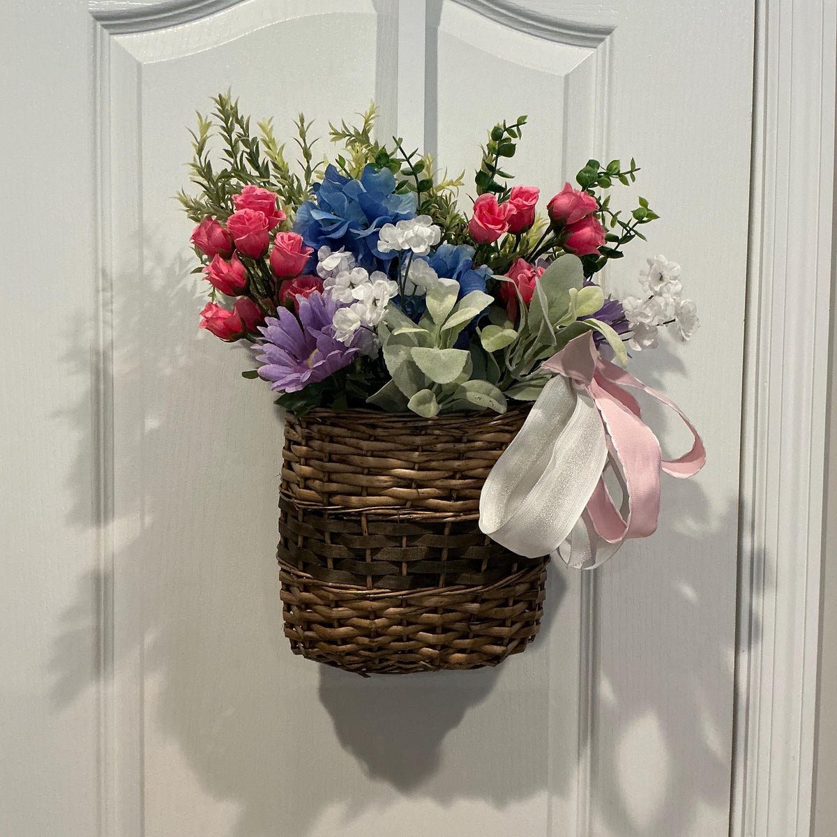 Blue Hydrangea Lavender Basket, Wicker Spring Floral Arrangement, Farmhouse Easter Mother’s Day Gift