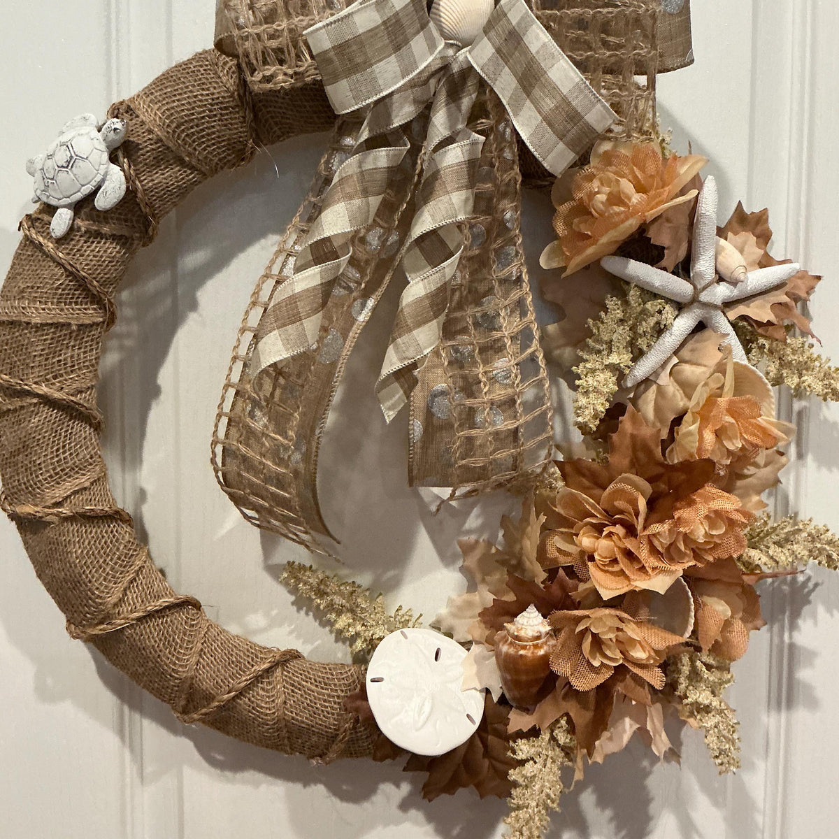 Coastal Burlap Wreath, 18 Inch Starfish Sand Dollar and Sea Turtle Door Decor