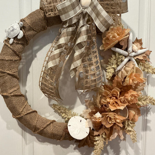 Coastal Burlap Wreath, 18 Inch Starfish Sand Dollar and Sea Turtle Door Decor