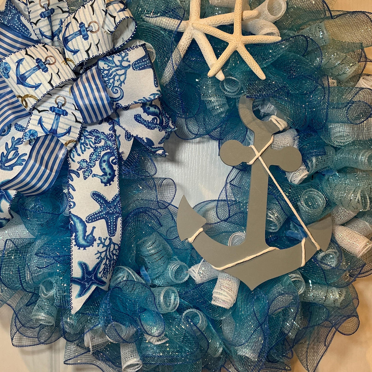 Nautical Anchor Door Wreath, Coastal Deco Mesh, Beach House Front Door Decor, Ocean Themed Porch Decor