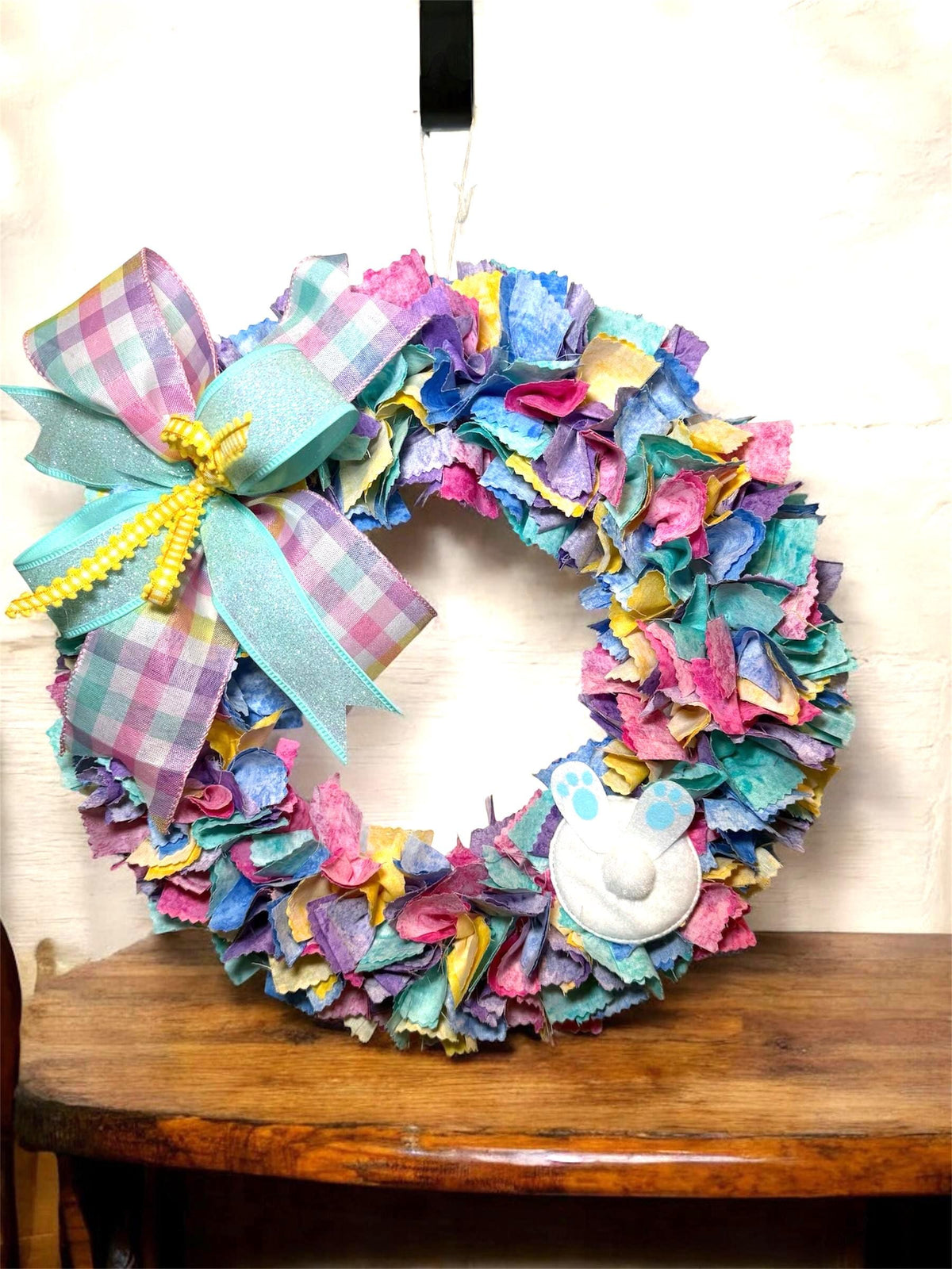 Handcrafted Pastel Rag Wreath, Easter Bunny, Spring Farmhouse Decor