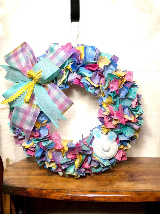 Handcrafted Pastel Rag Wreath, Easter Bunny, Spring Farmhouse Decor