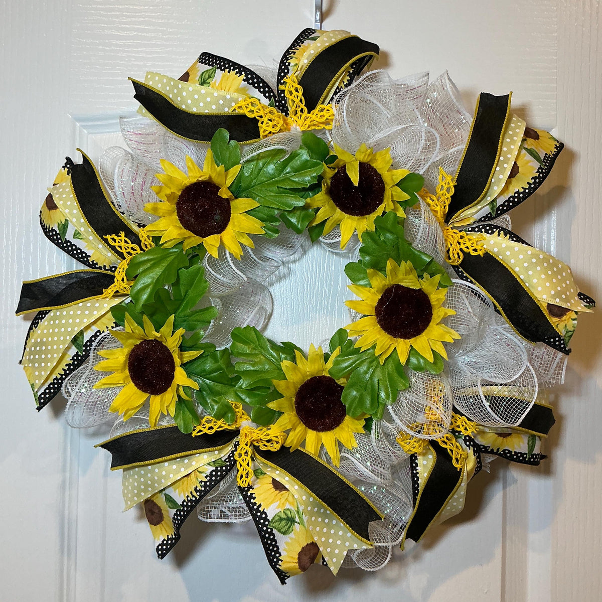 Sunflower Wreath, 12 Inch Black Yellow Polka Dot Bow on White Mesh