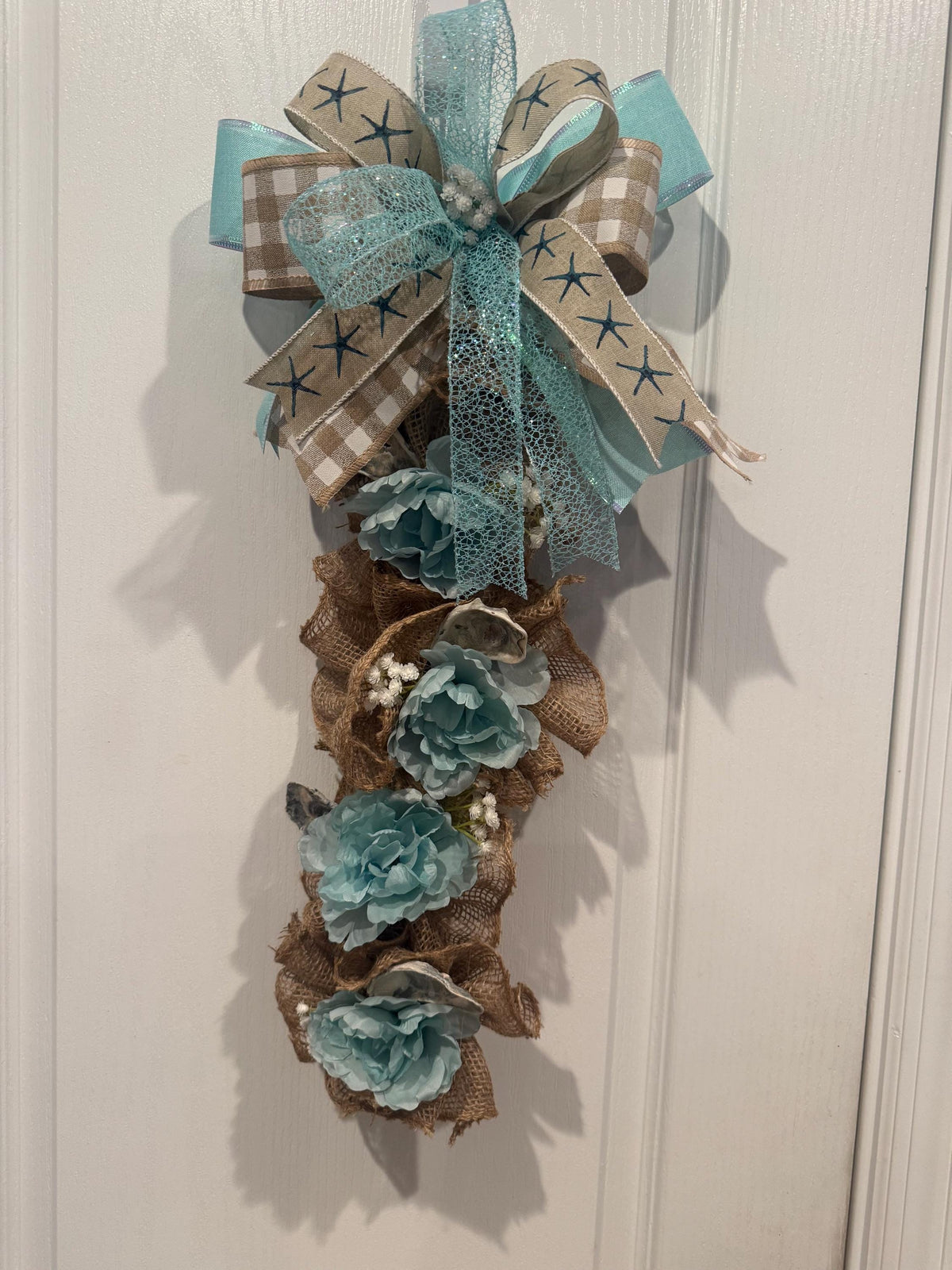Coastal Beach Swag Wreath, Nautical Starfish Umbrella, Blue Peony Shell Decor