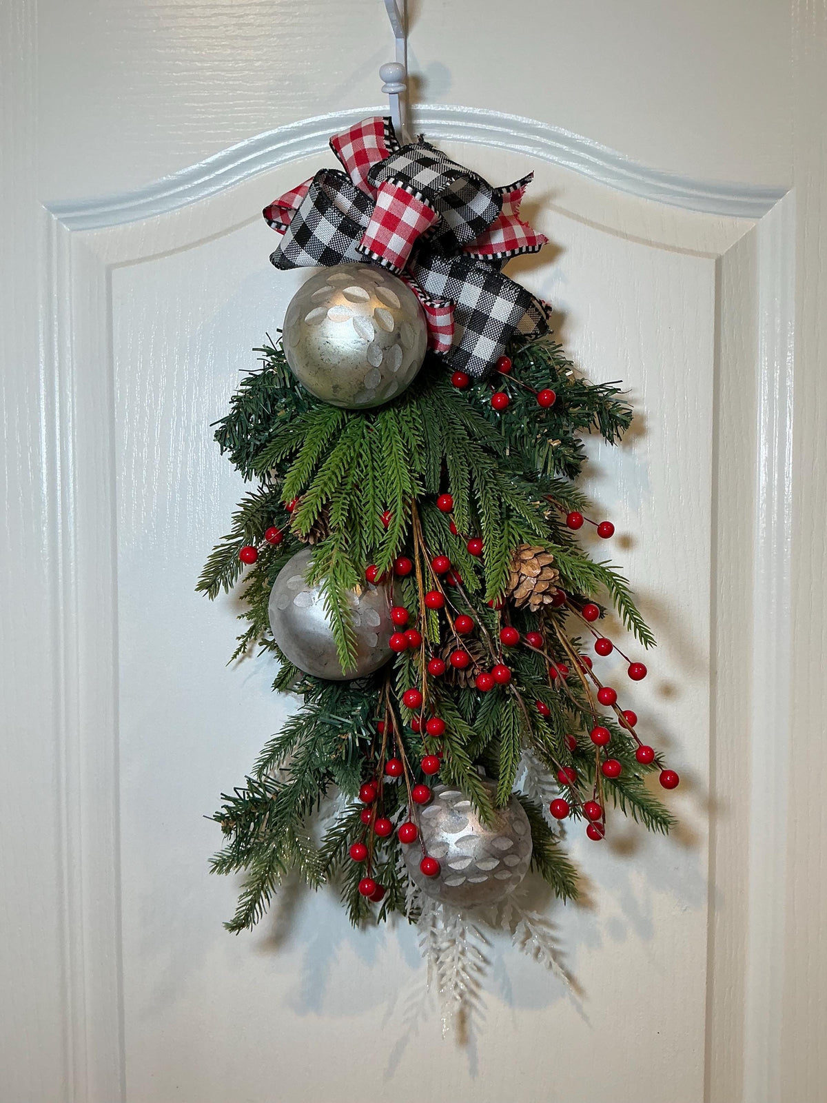 Handmade Christmas Teardrop Swag, Buffalo Check Ribbon, Pine Cones, Berries