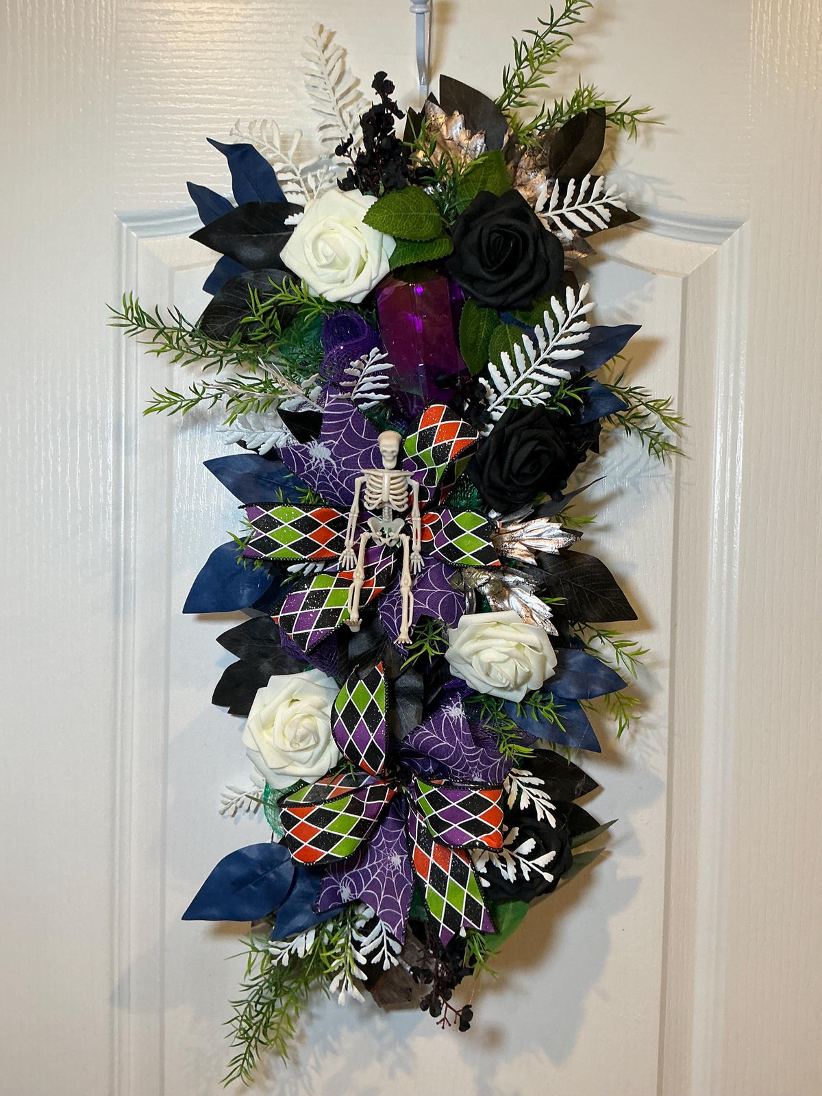 Gothic Halloween Floral Swag, Black Ivory Roses with Skeleton Spiderweb Bow