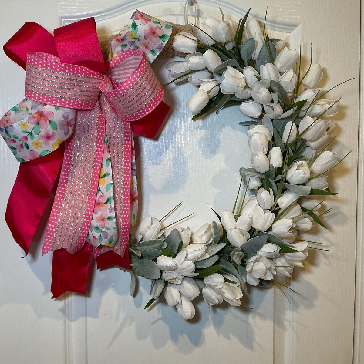 Front Door Wreath, White Tulip Design, Pink Bow Farmhouse Wreath, Floral Decor, Housewarming Gift, Handmade