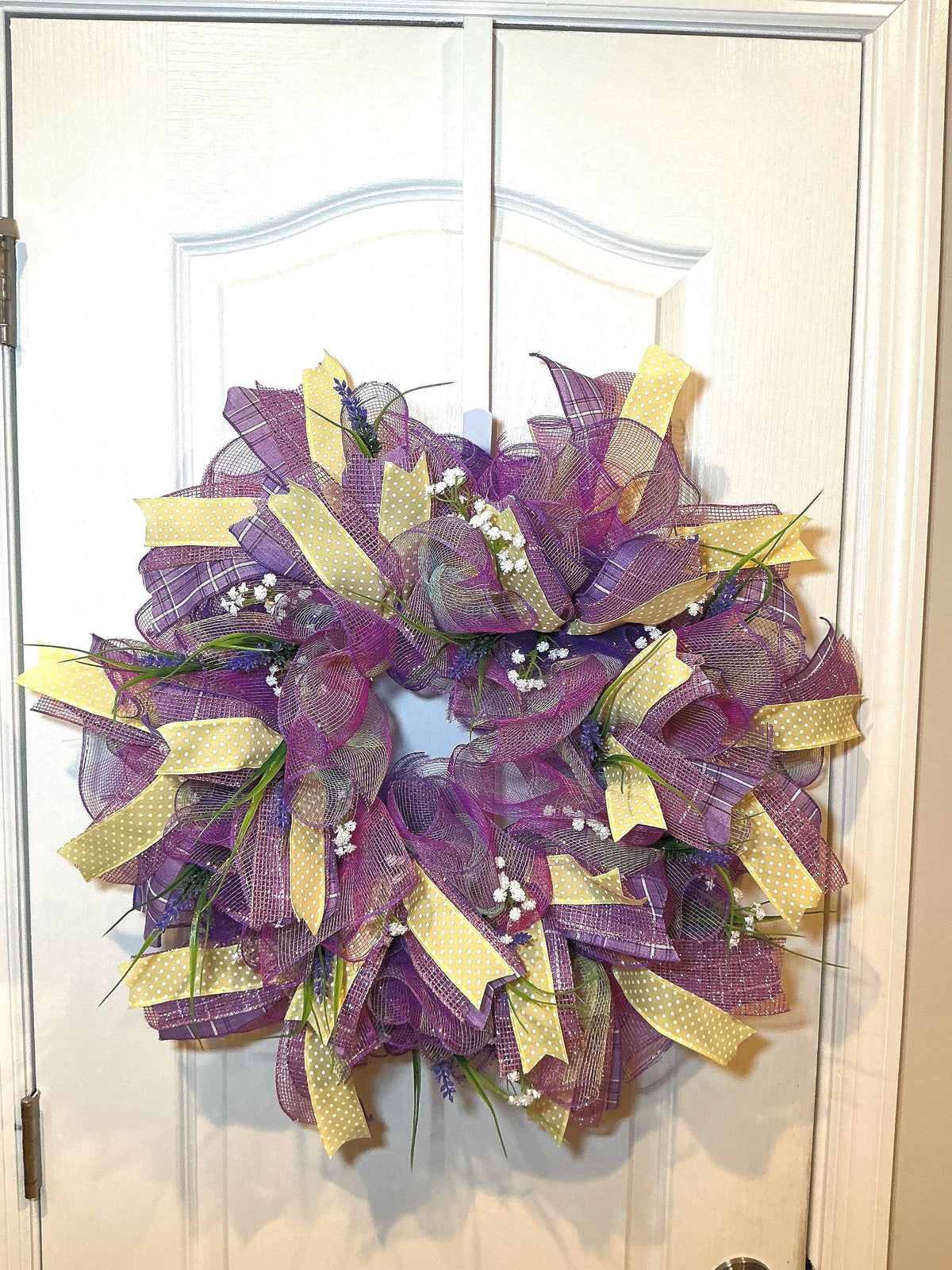 Purple Lavender Wreath, Farmhouse Style, Yellow Polka Dot Ribbon, Baby Breath Accents, 14 Inch