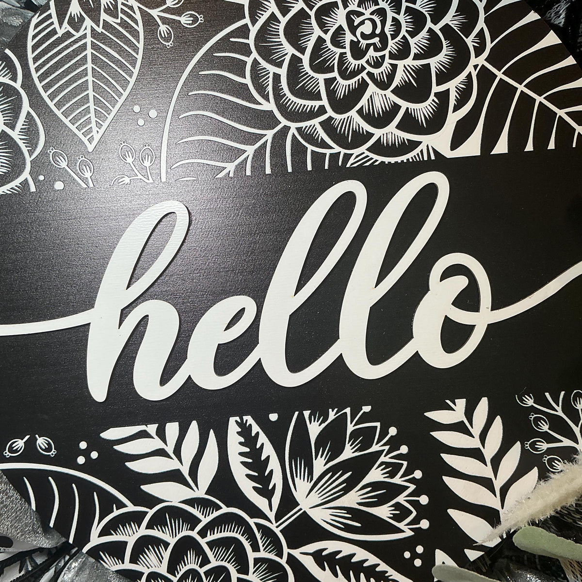 Black and White Hello Wreath with Silver Accents, Farmhouse Front Door Decor