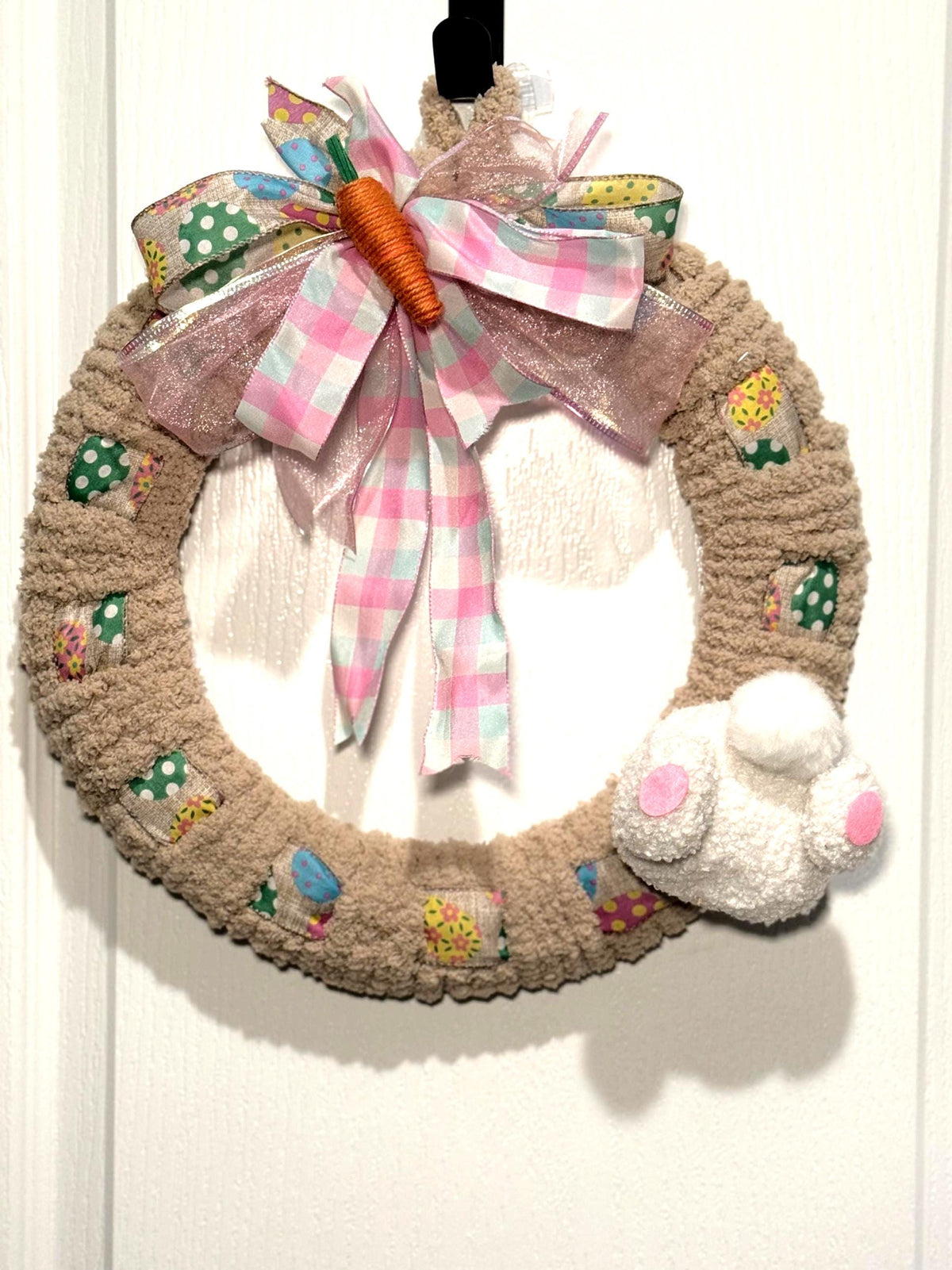 Chenille Easter Bunny Wreath: Spring Door Decor with Stuffed Bunny