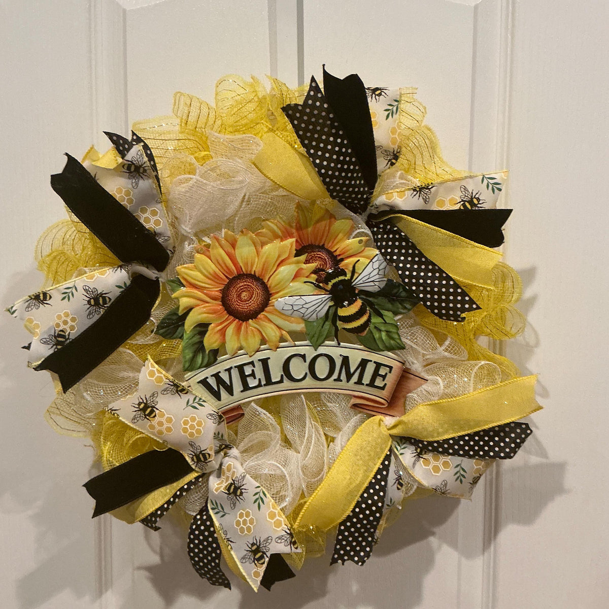 Sunflower Bee Wreath with Polka Dot Ribbon, Farmhouse Summer Front Door Decor