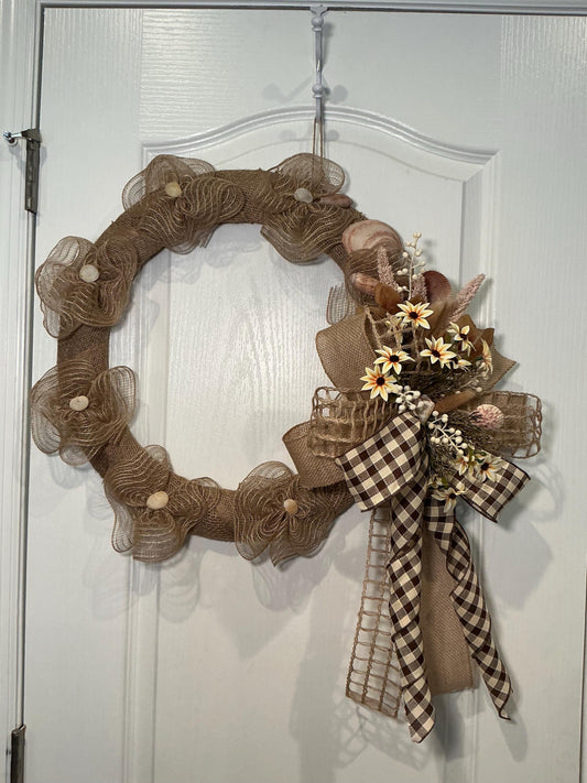Coastal Neutral Wreath Metal Frame Burlap Shells Farmhouse Beach Decor Year Round Front Door