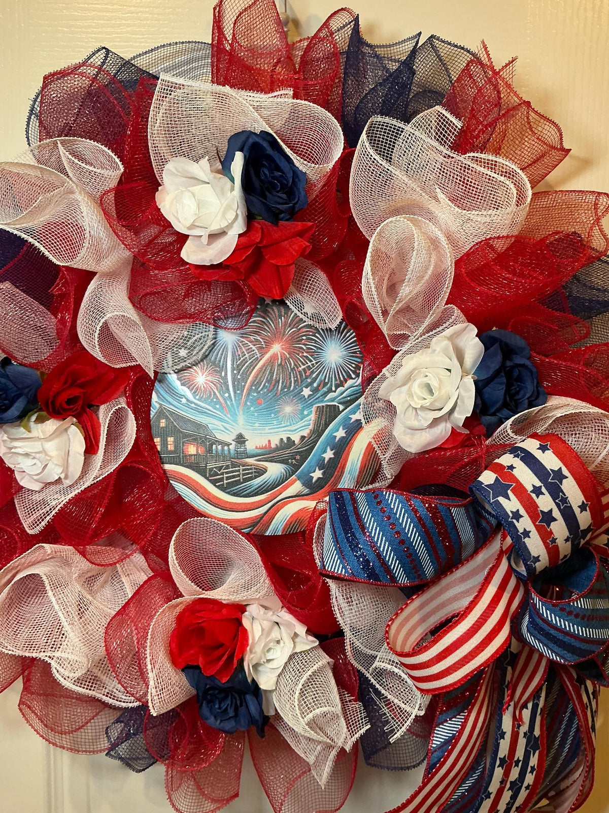 Fireworks Night Sky Sign Wreath, Americana Red White Blue Stars Stripes, 18 Inch Independence Day