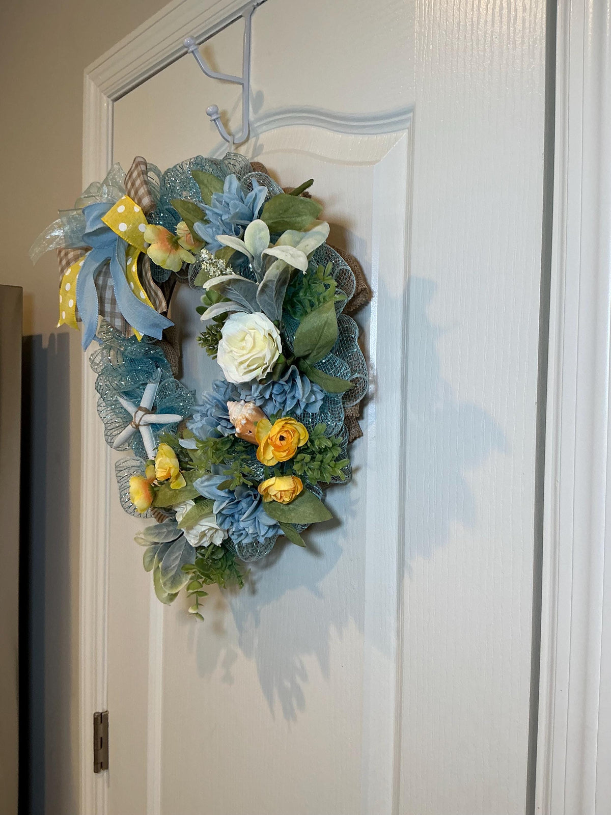 Heart Shaped Coastal Wreath with Dahlia, Ranunculus, Seashells and Starfish, Storm Door Decor