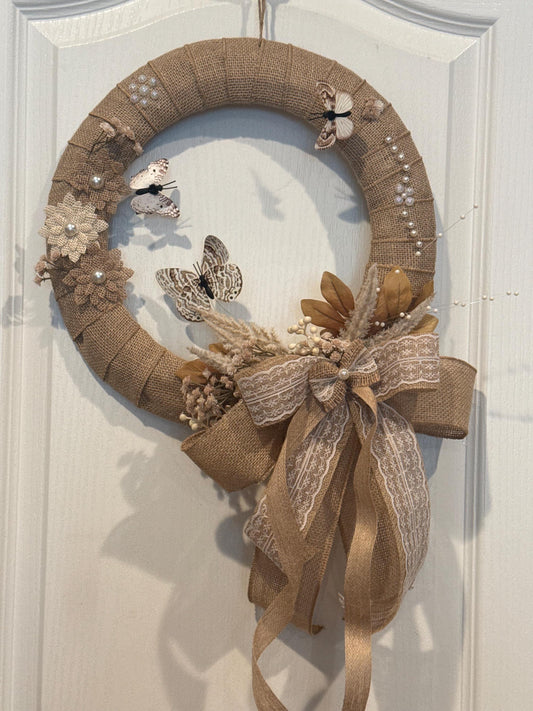 Elegant Neutral Wreath, Burlap Butterfly Decor, Pearl Accent Front Door Wreath, Year Round Storm Door Decor, Rustic Lace Bow