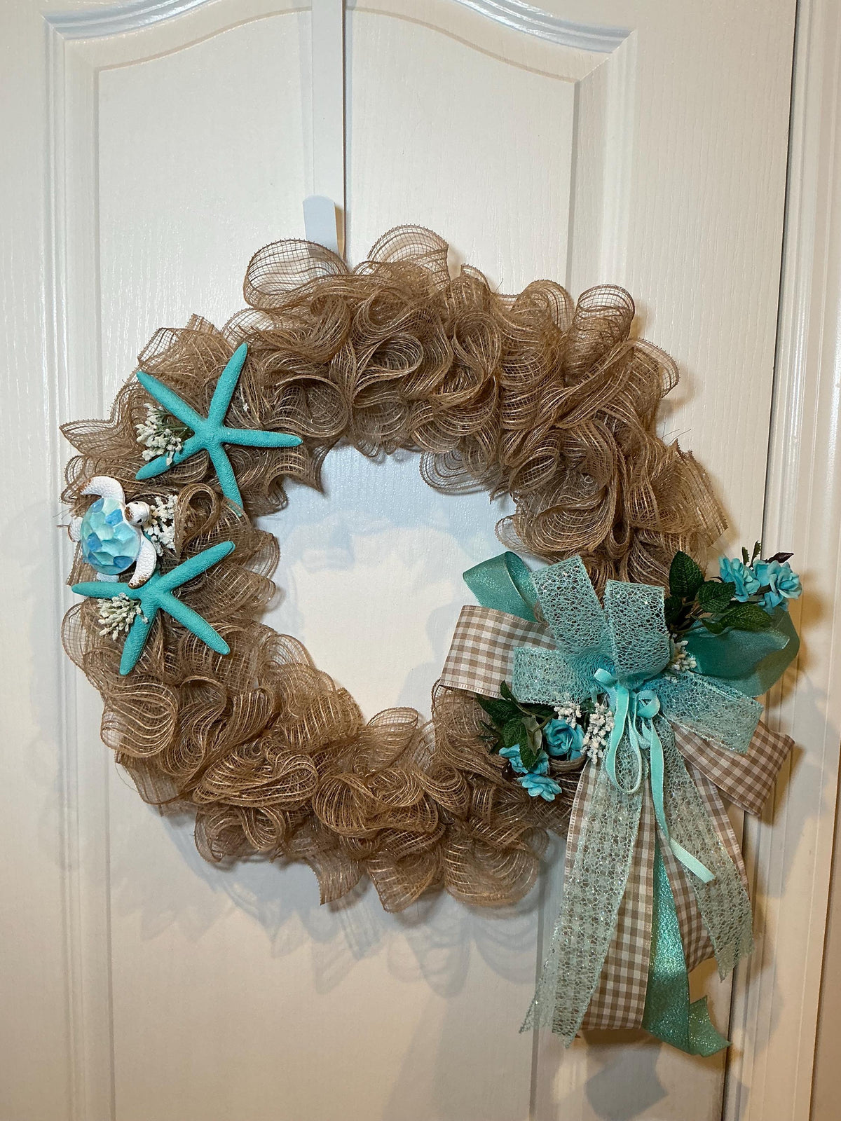 Coastal Burlap Wreath, Sea Turtle Starfish, Teal Beach House Decor, Nautical Summer Door Wreath