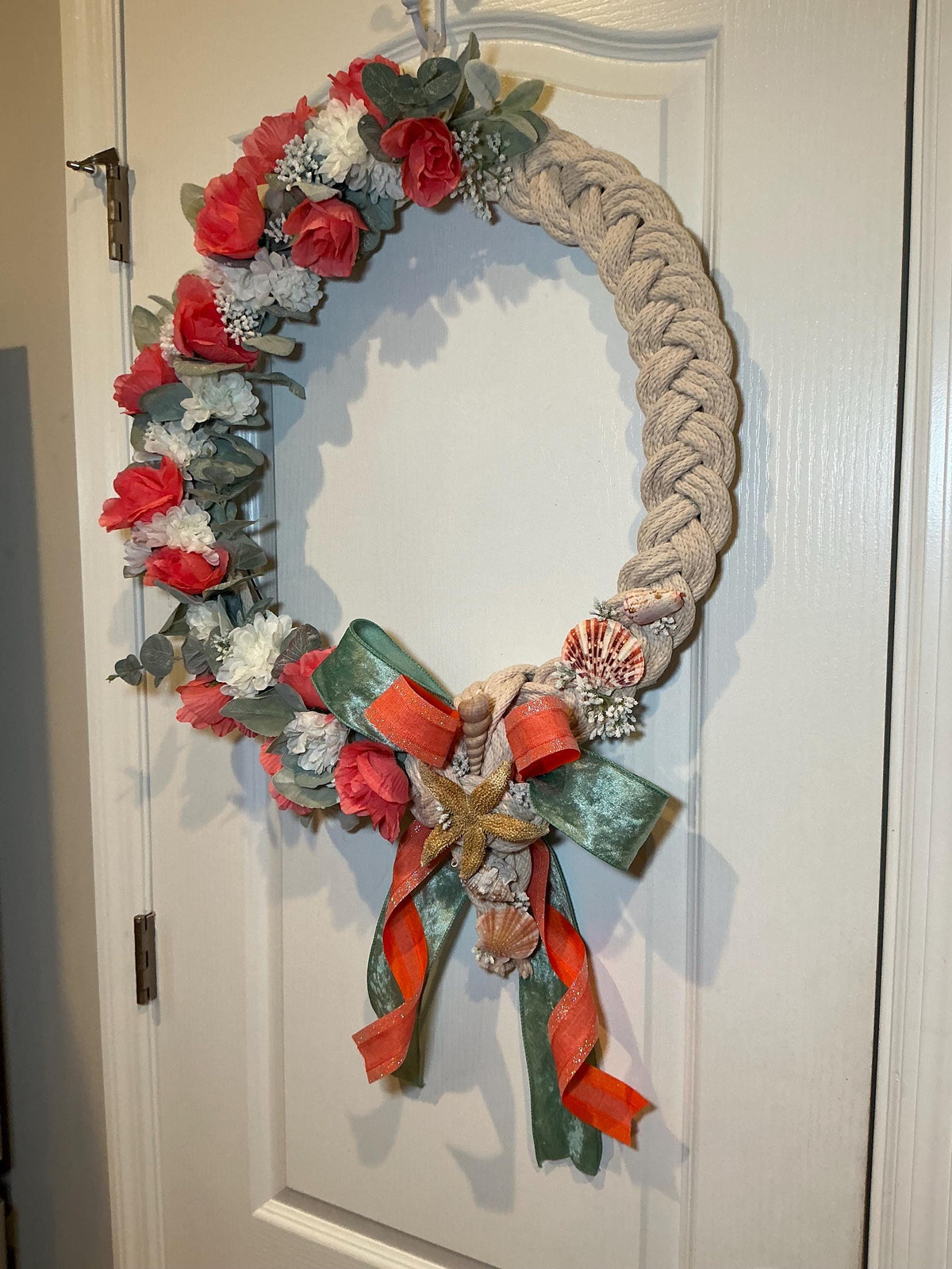 Handmade Coral Rose Coastal Wreath, Rope Nautical Beach Decor, Seashell Starfish Front Door Wreath