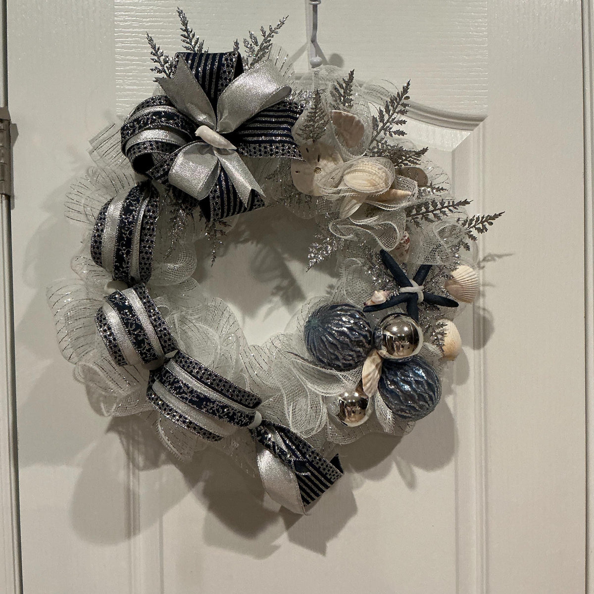 Navy Silver Coastal Christmas Wreath with Seashells and Starfish, Space Saver Door Decor