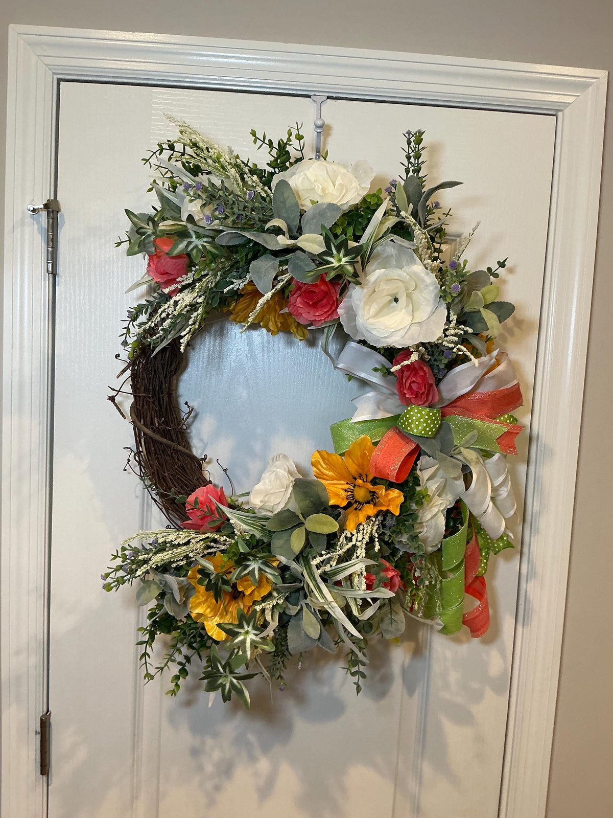 Grapevine Wreath, Coral Rose Sunflower Front Door Decor, Farmhouse Housewarming Gift, Mothers Day Wreath