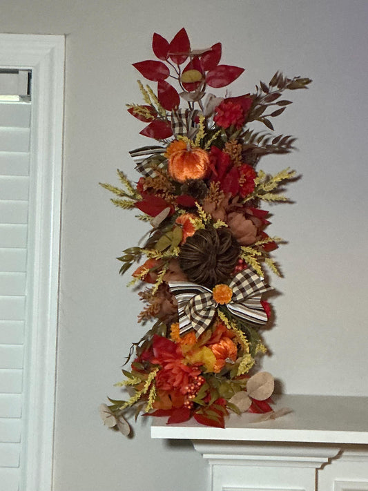 Pumpkin Fall Floral Swag, 28 Inch Buffalo Check Bow Door or Mantel Decor