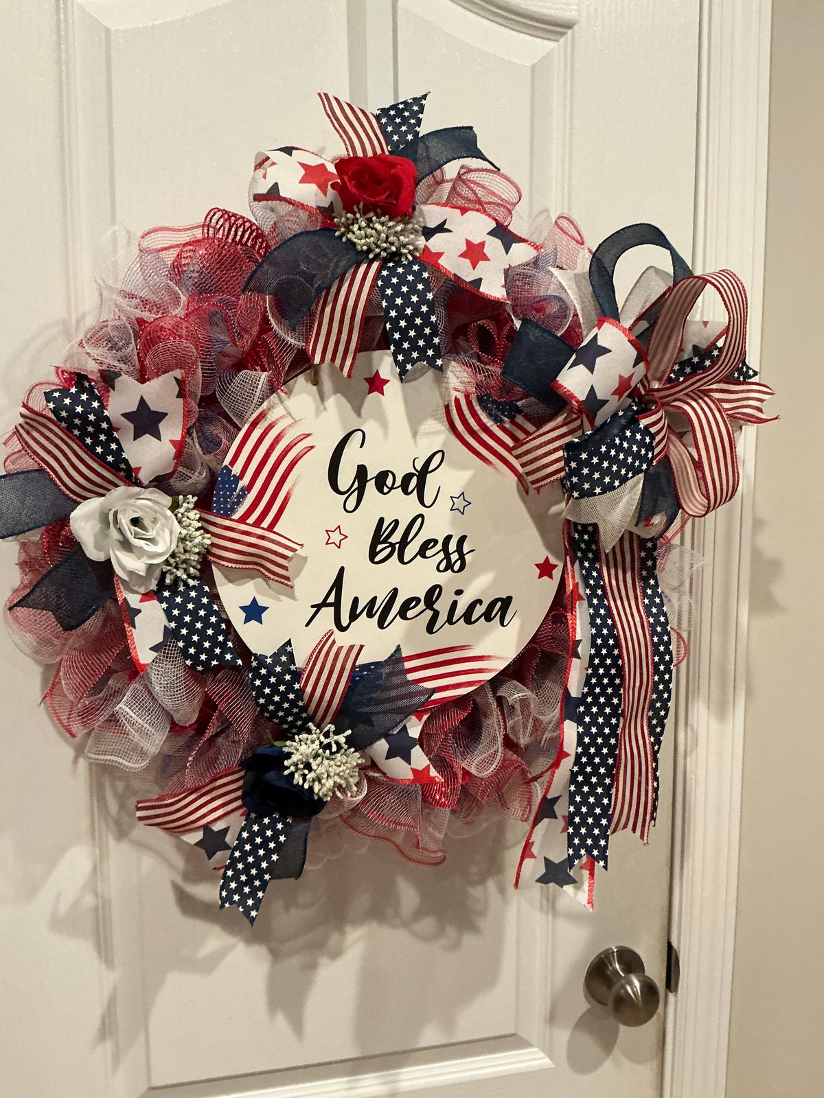 18 Inch Red White Blue Rose Wreath with God Bless America Sign, Americana Front Door Decor