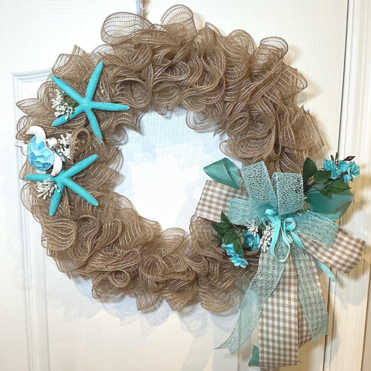 Coastal Burlap Wreath, Sea Turtle Starfish, Teal Beach House Decor, Nautical Summer Door Wreath