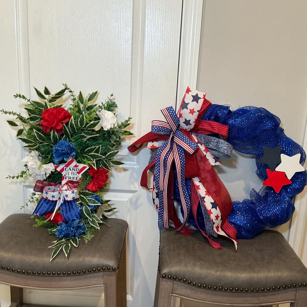 Americana Bundle Set of 2, Land of the Free Americana Swag and Blue Star Wreath, Fourth of July Decor, Red White Blue Handmade Gift