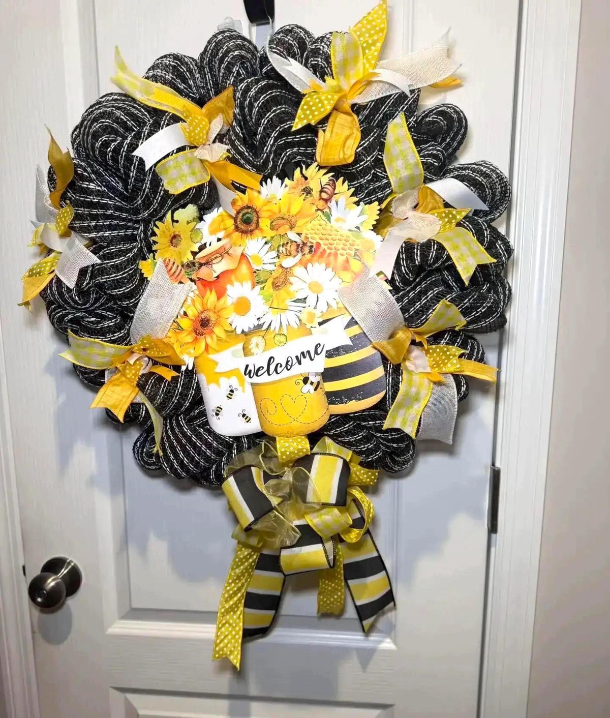 Honey Bee Welcome Wreath, Sunflower Daisy Front Door Decor, Yellow Black Mesh, Handmade Spring Gift