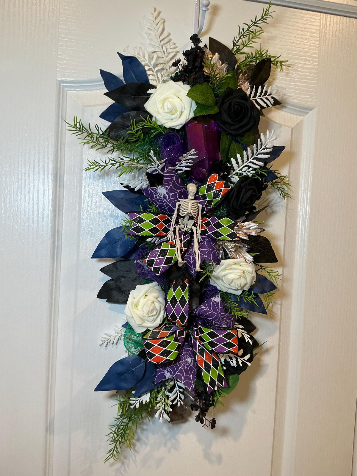 Gothic Halloween Floral Swag, Black Ivory Roses with Skeleton Spiderweb Bow