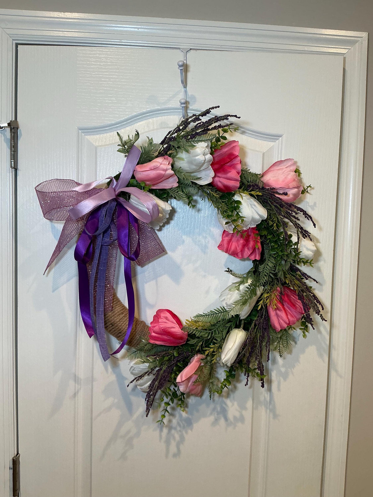 Handmade Tulip Wreath, 18 Inch Pink White Lavender Farmhouse Decor, Purple Ribbon Bow