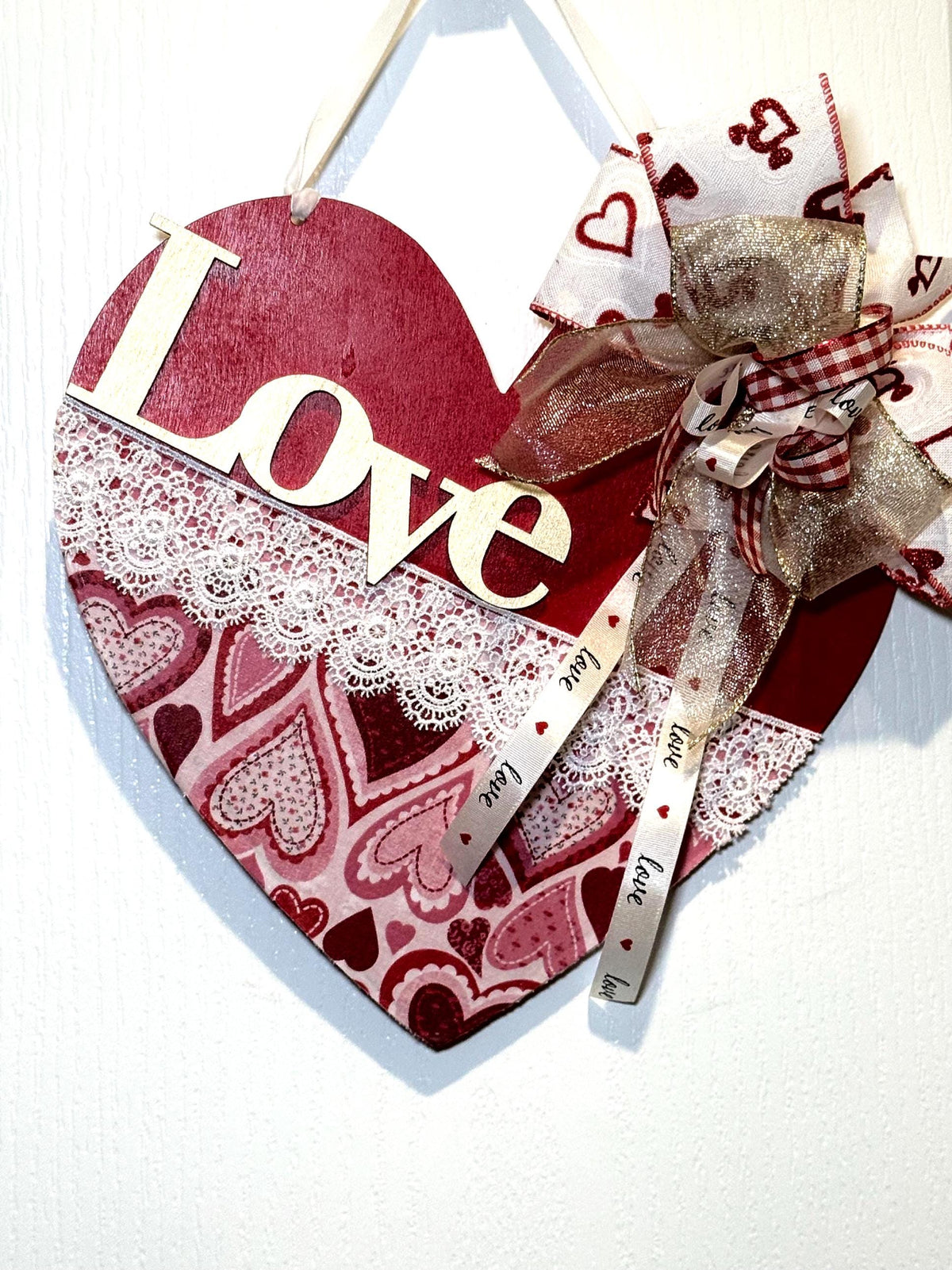 Valentine Heart Door Hanger , Love Wood HeartbSign, Sheer Gold Accent  Bow Valentine Decor