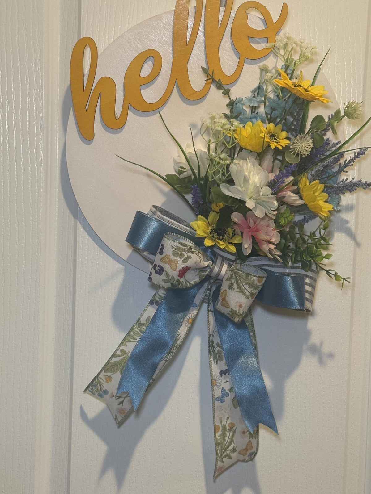 Blue Yellow White Hello Spring Floral Wreath with Handmade Bow, Front Door Decor