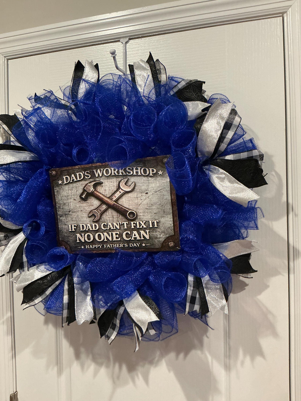 Dad’s Workshop Father’s Day Wreath, If Dad Can’t Fix It No One Can, Man Cave Door Decor, Handmade Gift for Him