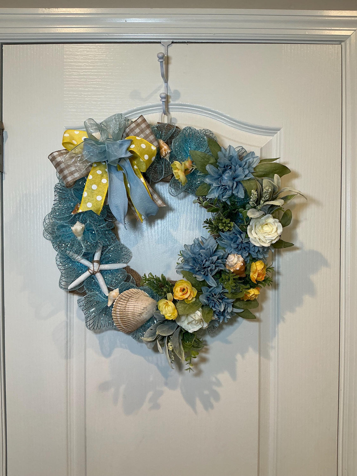 Heart Shaped Coastal Wreath with Dahlia, Ranunculus, Seashells and Starfish, Storm Door Decor