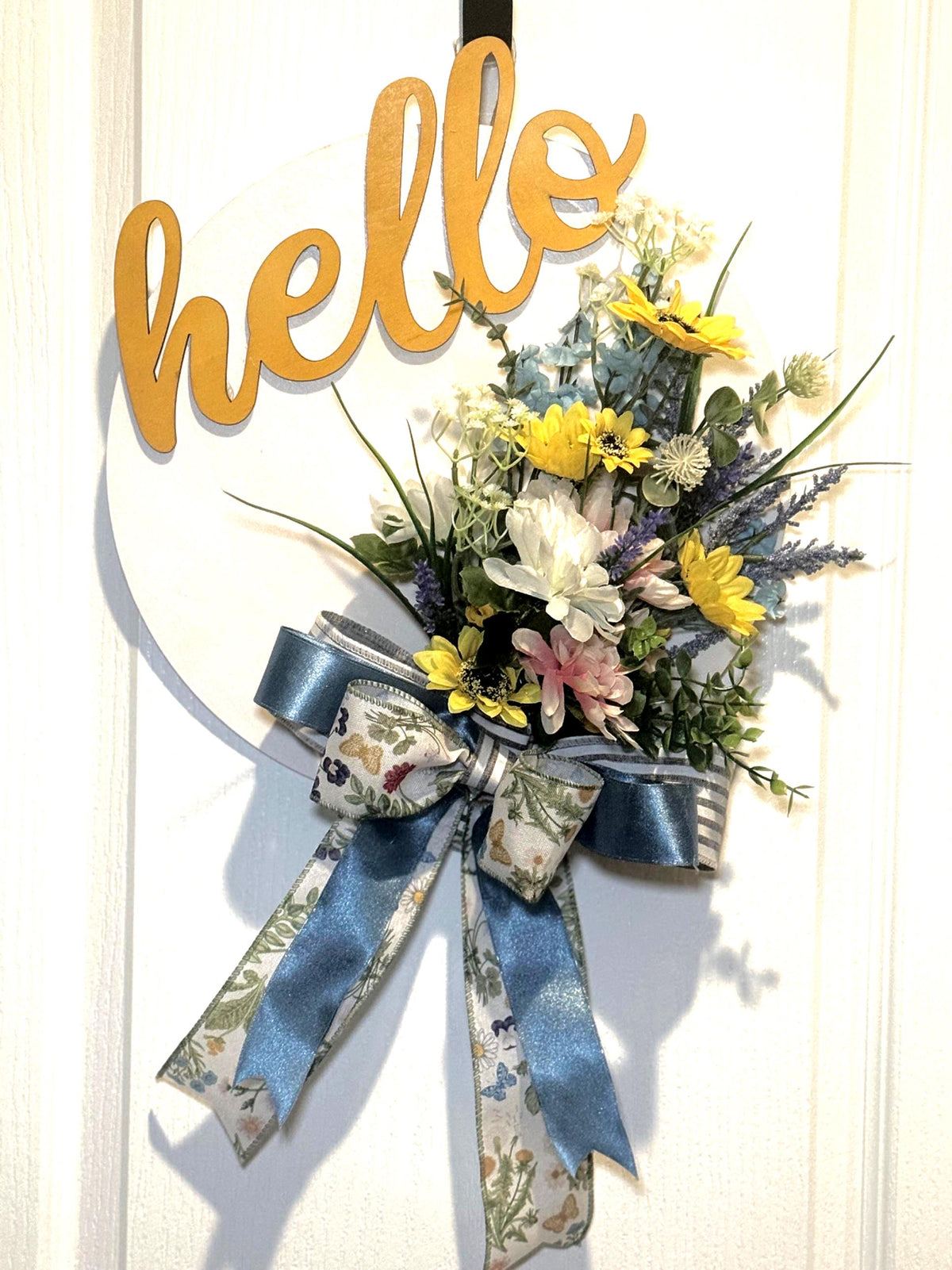 Blue Yellow White Hello Spring Floral Wreath with Handmade Bow, Front Door Decor