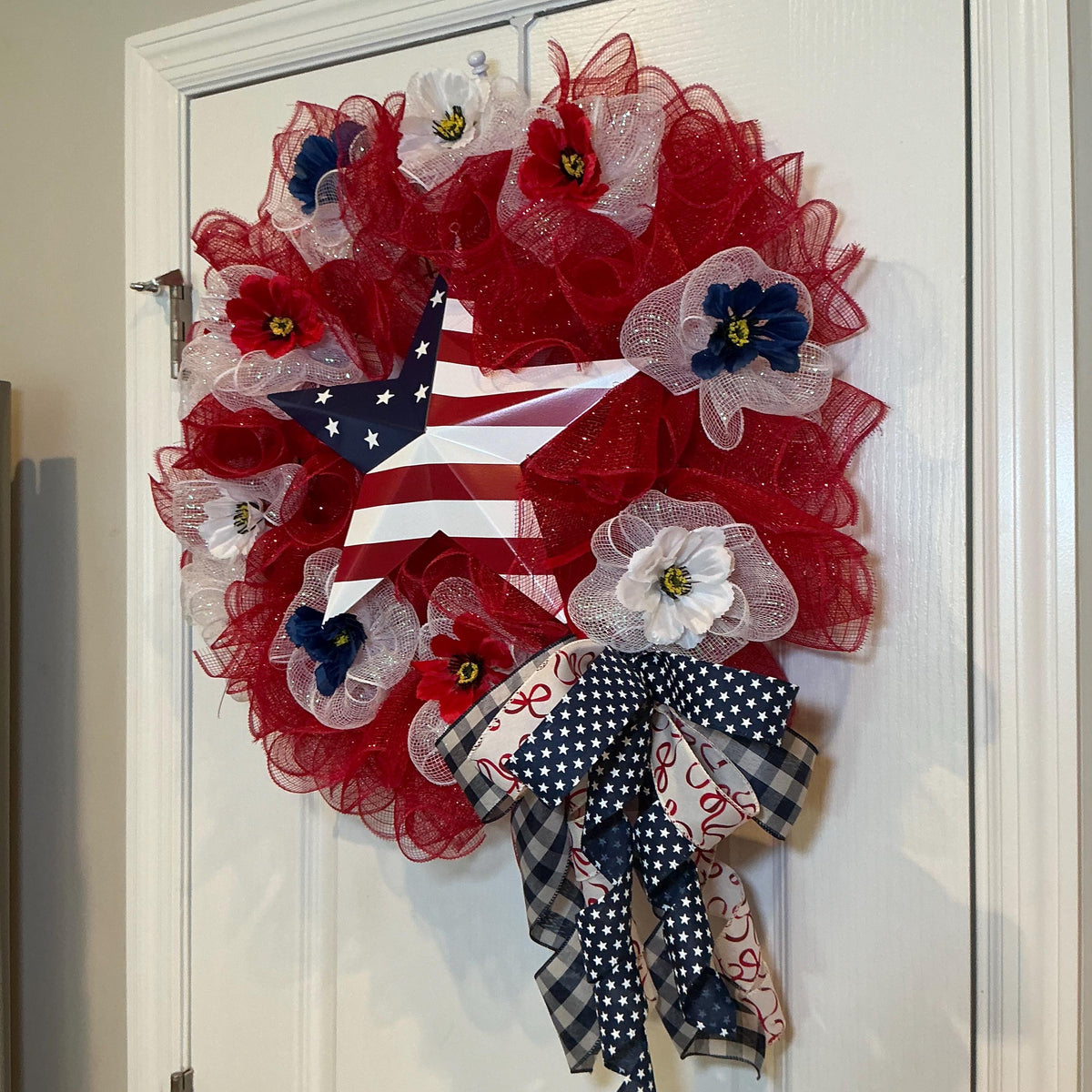 Red White Blue Star Wreath, Fourth of July Front Door Decor, American Flag Deco Wreath, Patriotic Star Sign, Handmade NC