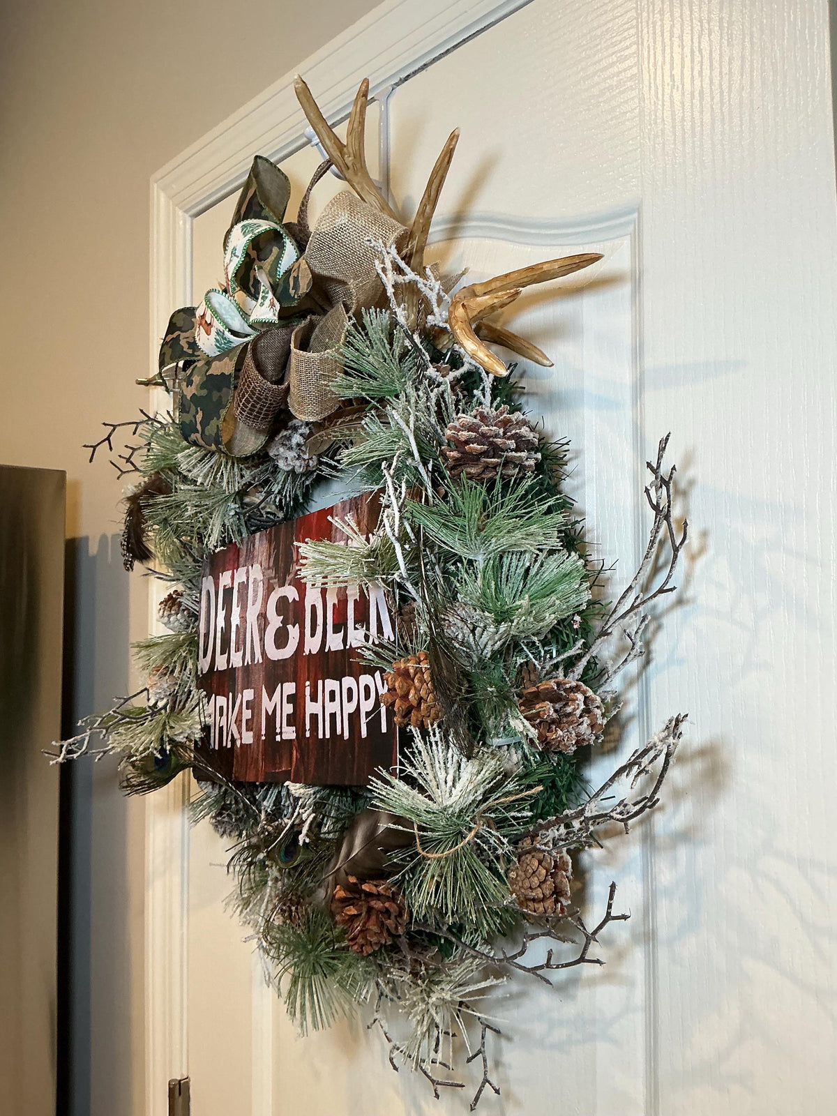 Deer and Beer Camo Wreath with Antlers, Hunter Man Cave Decor, Fathers Day Gift