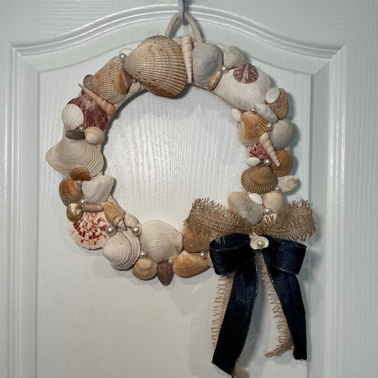 Handmade Seashell Wreath | 12 Inch Wood Frame, Navy Velvet Bow, Pearl Accents (Space-Saver)