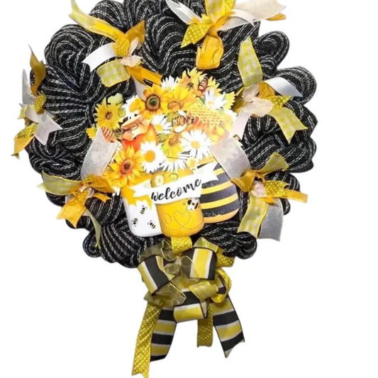 Honey Bee Welcome Wreath, Sunflower Daisy Front Door Decor, Yellow Black Mesh, Handmade Spring Gift
