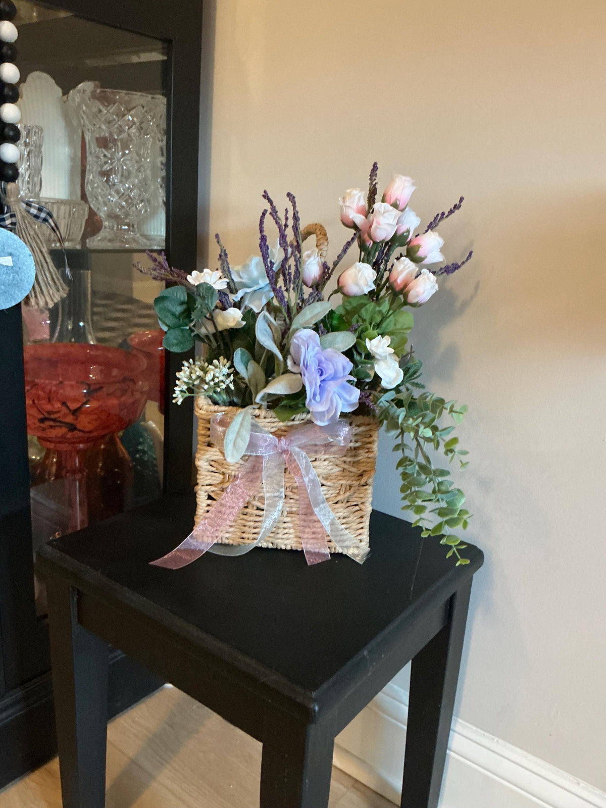 Pink Rose Lavender Centerpiece, Wicker Basket Floral Arrangement, Periwinkle Hydrangea, Farmhouse Table Decor
