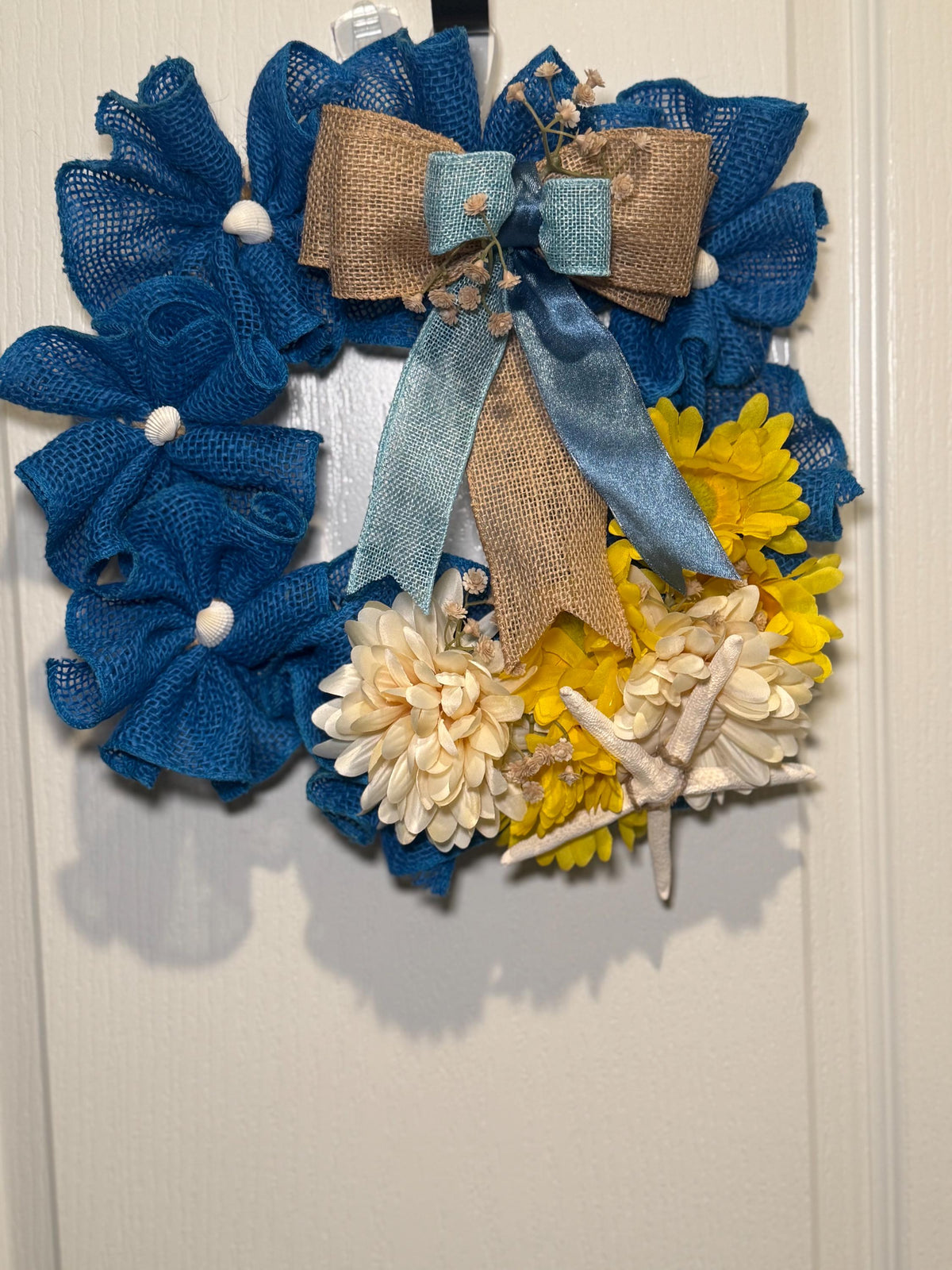Blue Burlap Coastal Wreath, Starfish Shell Door Hanger, Nautical Beach Home Decor, Handmade  Wreath